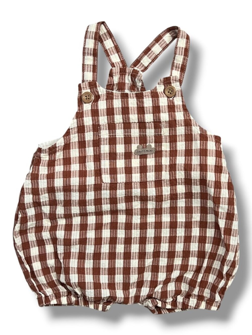 Souris Mini Gingham Checkered Seersucker Ropmer, Size 6-9M